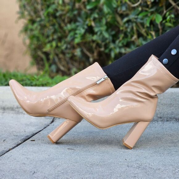 Women's Nude Chunky Heel Ankle Booties - Picture 2 of 5